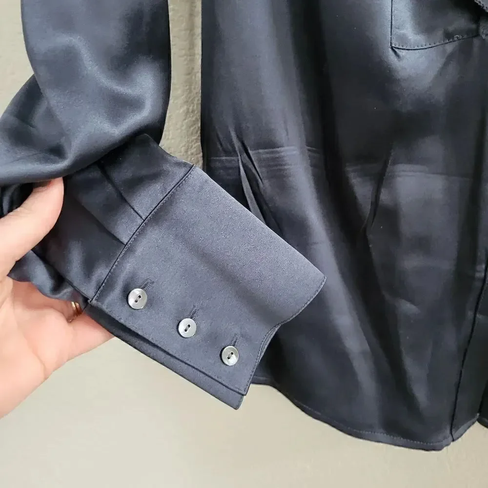 DIANE VON FURSTENBERG Midnight Blue Ruffle Silk Button Down Blouse size 4 S